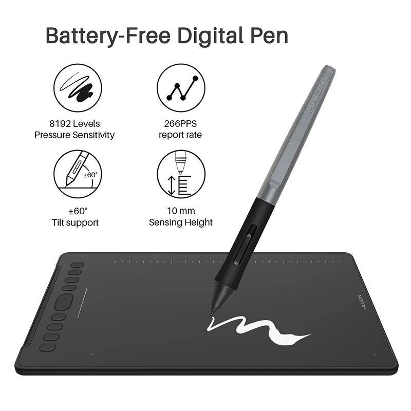 HUION H1161 Tavoletta grafica digitale Batteria - Stilo penna con funzione di inclinazione Supporto Android Win e dispositivo Mac
