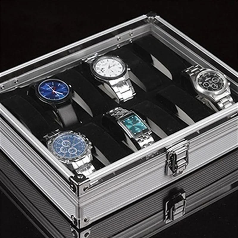 Hohe Qualität Metallgehäuse 6/12 Grid Slots Armbanduhr Vitrine Aufbewahrungshalter Organizer Uhrengehäuse Schmuck Dispay Uhrenbox T200264r