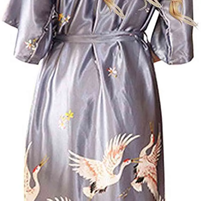 Gris satin long peignoir femmes mariage mariée demoiselle d'honneur Robe chemise de nuit vêtements de nuit imprimé grue Kimono taille S M L XL XXL XXXL