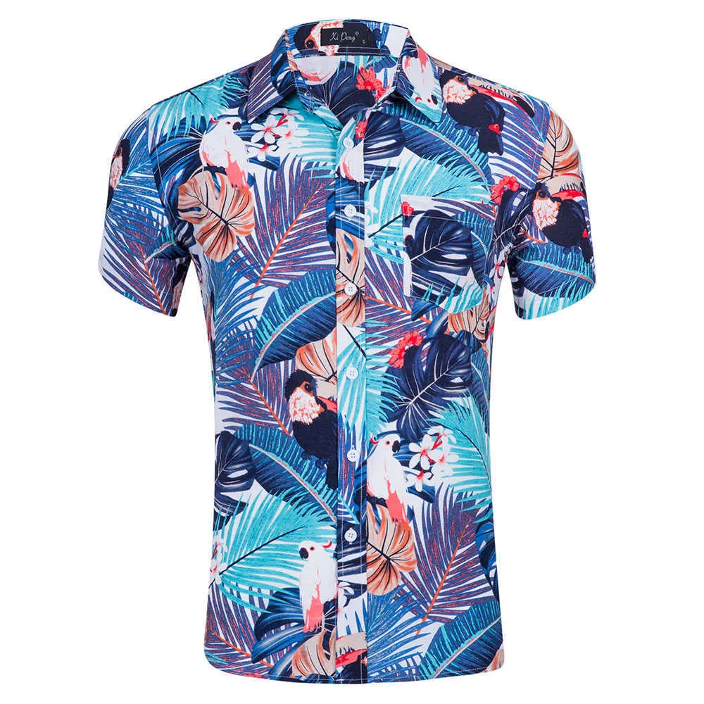 Mens Hawaiian Camisetas Cool Tropical Impresso Polso De Polte Beach Seaside Gire para baixo Collar Botão de Manga Curta para cima Camisa US Tamanho 210527