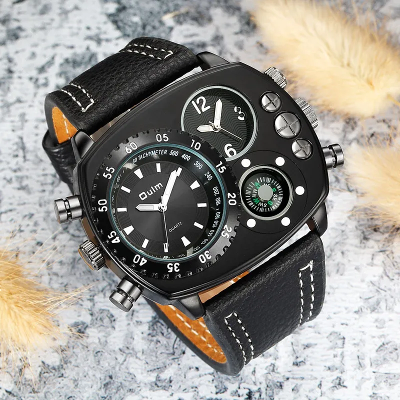 Oulm Casual Echtes Lederband Uhren Männer Luxus zwei Zeitzonen Quarzuhr Großes Zifferblatt männlicher Sport Armbandwatch C0227242N2651421