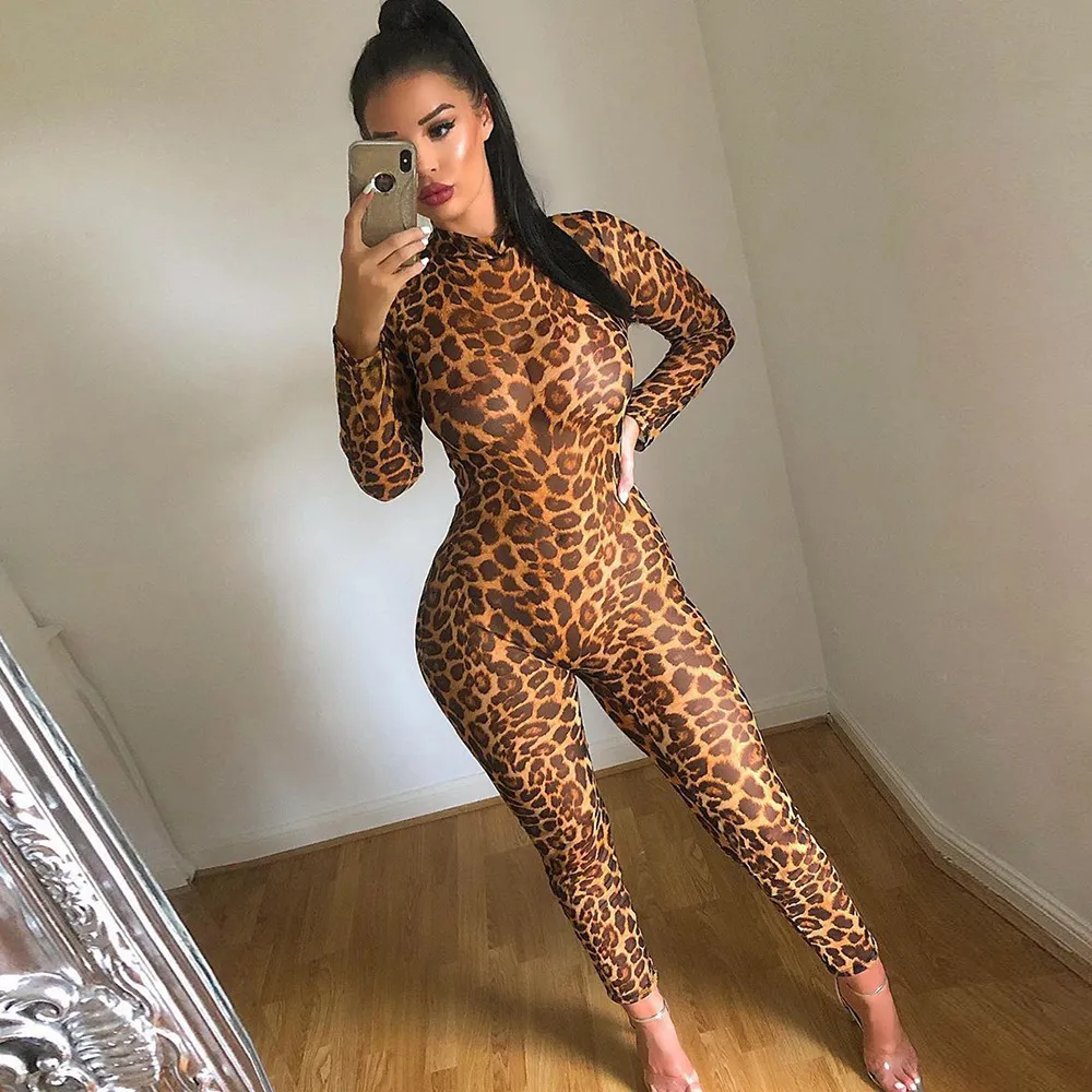 Femmes femmes Leopard Jumpsuit Femmes manches longues Bodycon Rompers Body Salopette Automne Streetwear Rave Sexy Party Outfits 201007