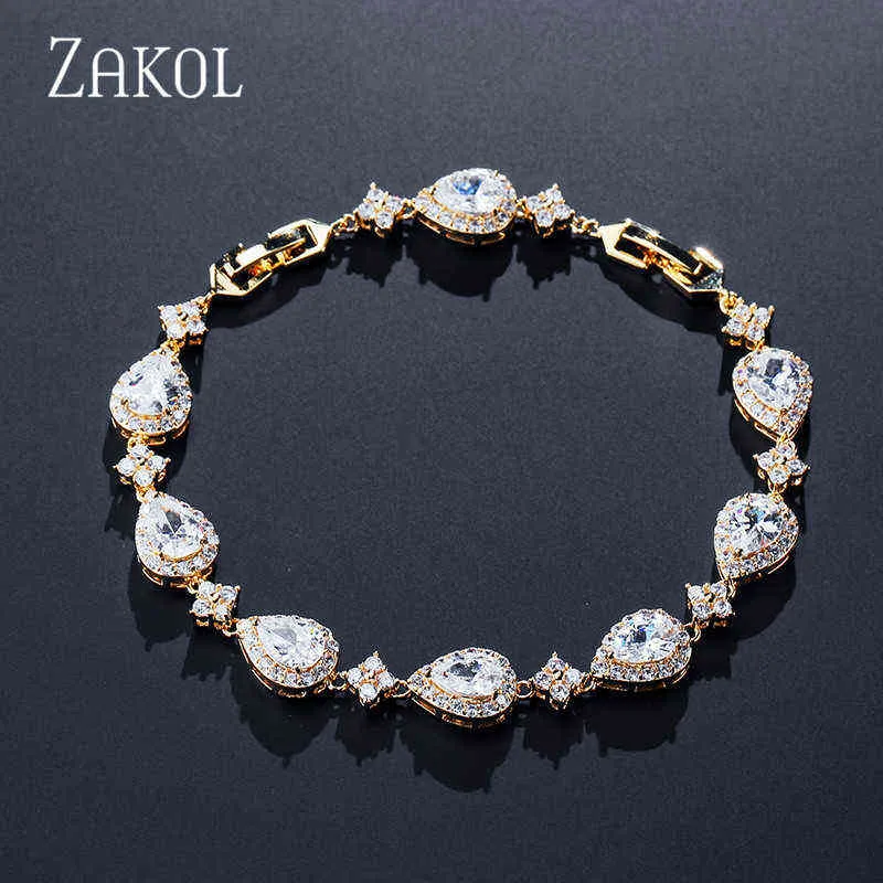 Zakol Trendy White Gold Color Cubic Zirconia Stone Big Water Drop Shape Armband Bangle For Women Party Jewelry FSBP2014 211124223R