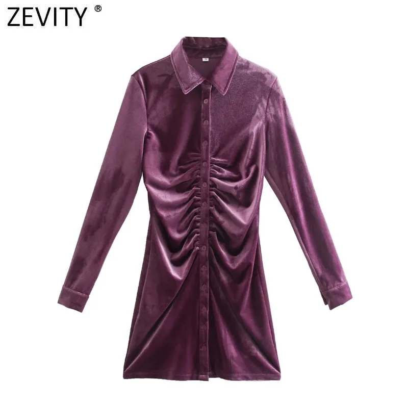 Zevity Autumn Fashion Women Orange Green Color Pleated Single Breasted Slim Shirt Dress Female Long Sleeve Velvet Vestido DS4617 210303