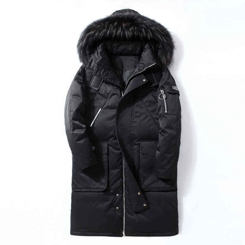 Amovible Fourrure À Capuche Blanc Duvet de Canard Parka Hommes Chaud Veste D'hiver -30 Degrés Multi-poches À Capuche Veste Mâle Casual Hommes Manteau 211129