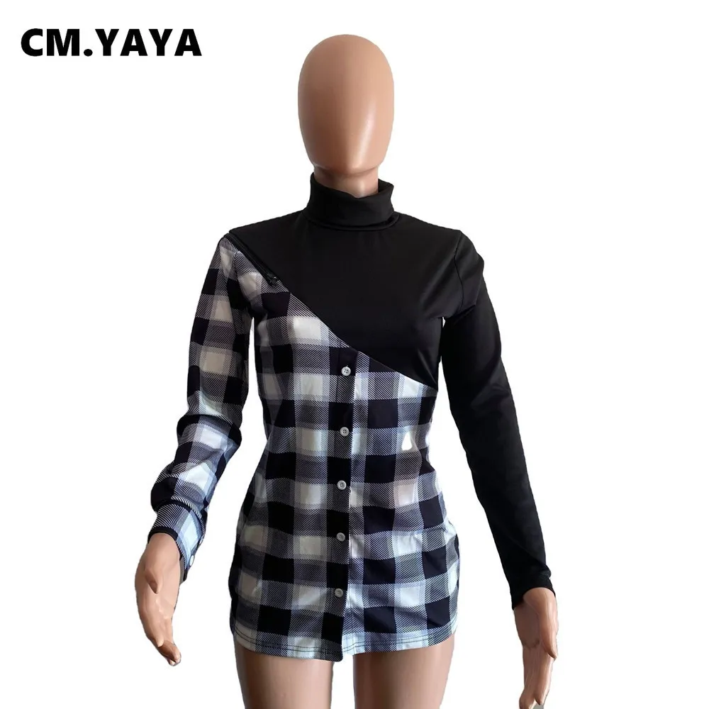 CM YAYA Женская клетчатая лоскутная водолазка с длинным рукавом Блузки Топы Уличная мода Рубашки размера плюс S-4XL 210226240S