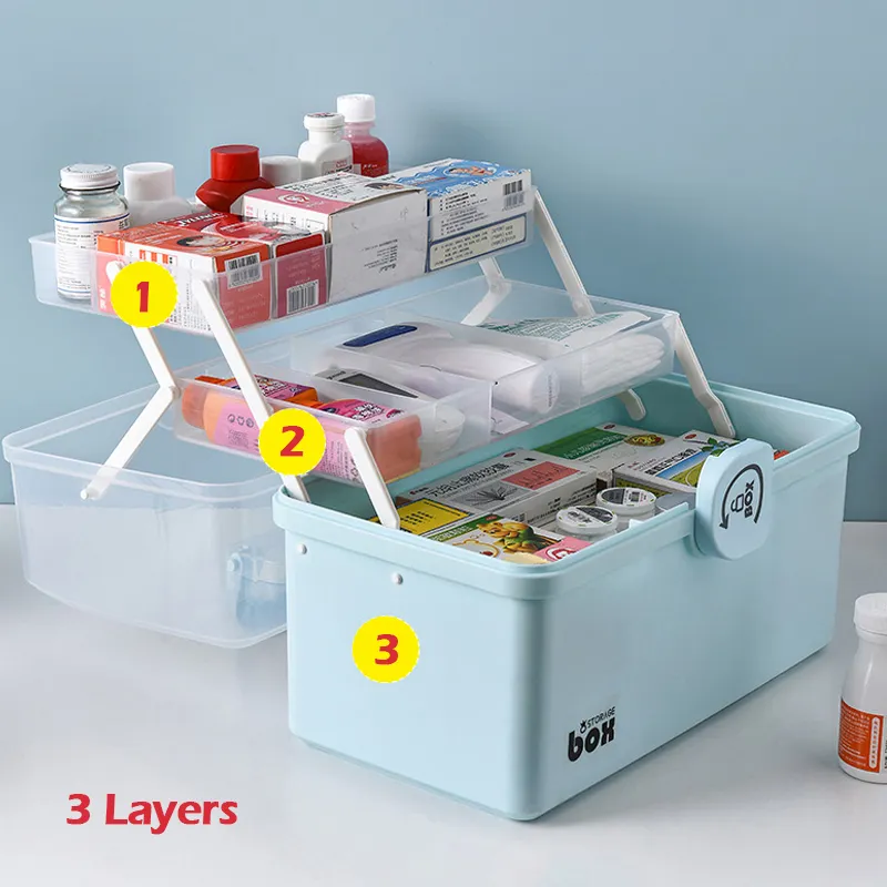 Plast Tier Medicin Lådor Förvaringslåda Stor kapacitetslåda Sundries Organizer Folding Medicine Bröstförvaring Första hjälpen Kit 210309