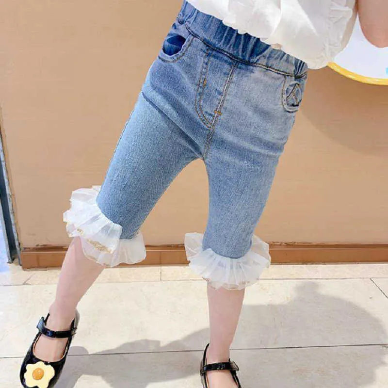 Calças de Meninas All-Match Stitching Malha Jeans Summer Shorts Bebê Crianças roupas para crianças para meninas Elastic Belt 210625