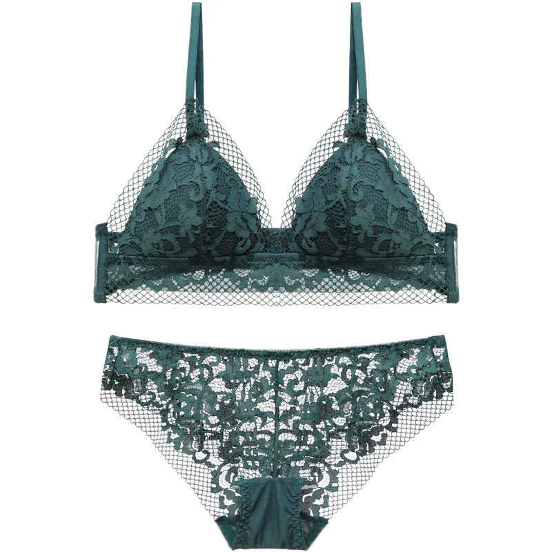 Sexy Set French Bralette Green Bra Set Hollow Out Mesh Lace Trim Pattern Green Wire Free Seethrough Panties Summer Girl L2304