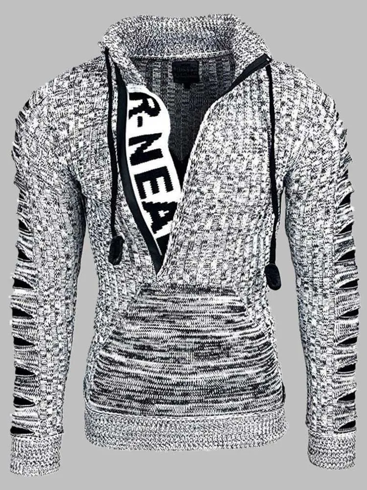 冬の男性の服のおしゃれなセーターのターンダウンカラー長袖ホールカジュアル緩いフロントポケットニットプルホームラックス210604