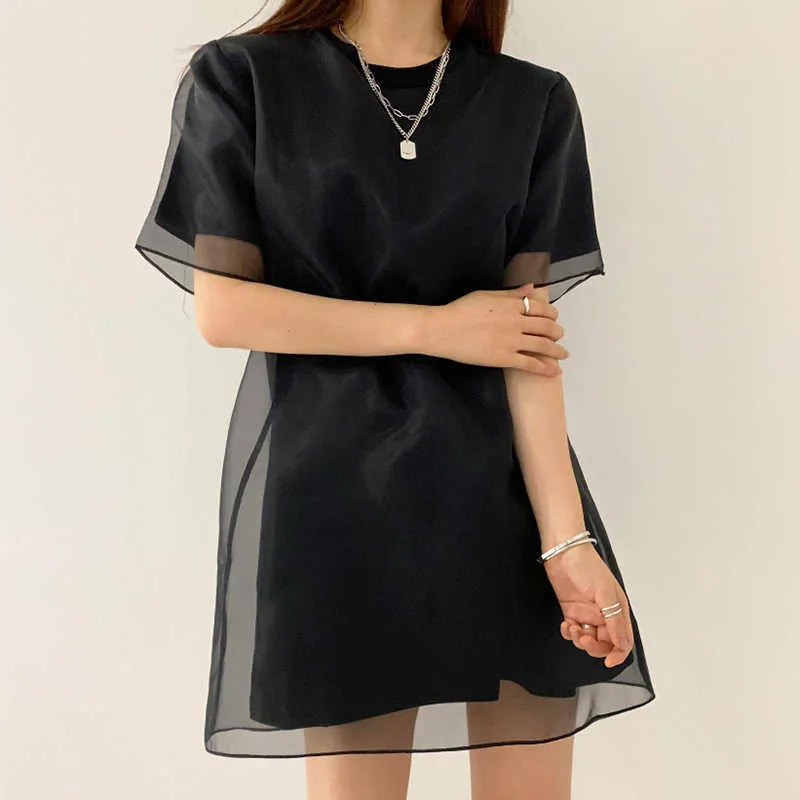 コレヒパアの女性のドレス夏の韓国のレトロな気質ラウンドネックAラインの半袖ステッチ偽のツーピースベールvestidos 210526