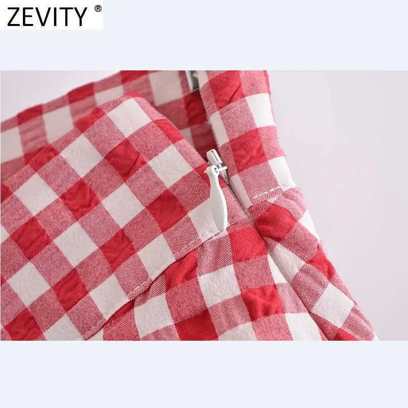 Zevity Women Fashion Red Plaid Print Pleated Bermuda Skirts Shorts Female Chic Side Zipper Casual Pantalone Cortos P1090 210719