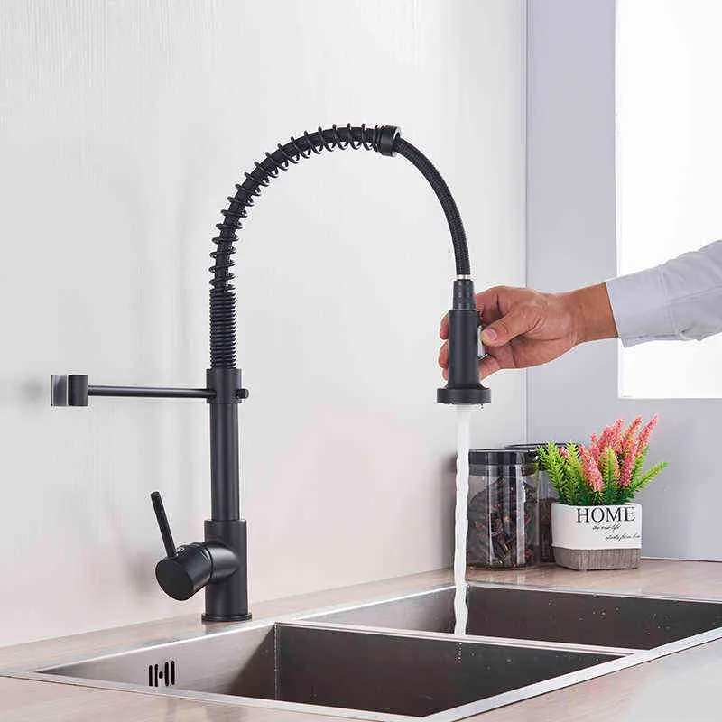 Matte Black Kitchen Sink Faucet One Handle Spring and Cold Water Tap Deck Mounted Bathroom Kitchen Crane 211108