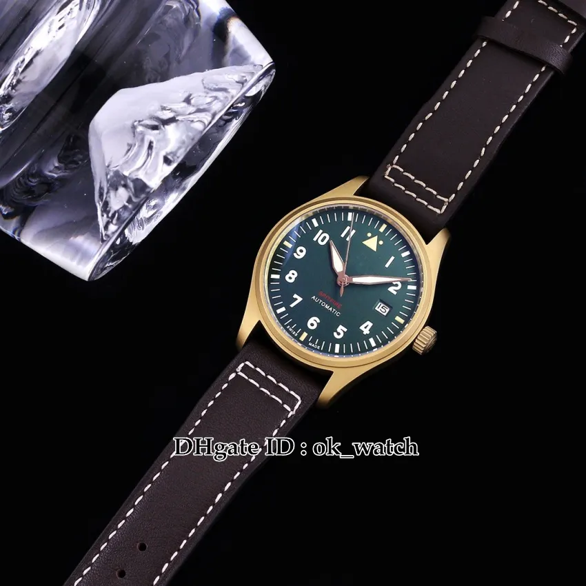 Top Quality 39mm Miyota 9015 Automatic Mens Watch Bronze IW326802 Olive Green Dial Brown Leather Gents Sport Watches270I