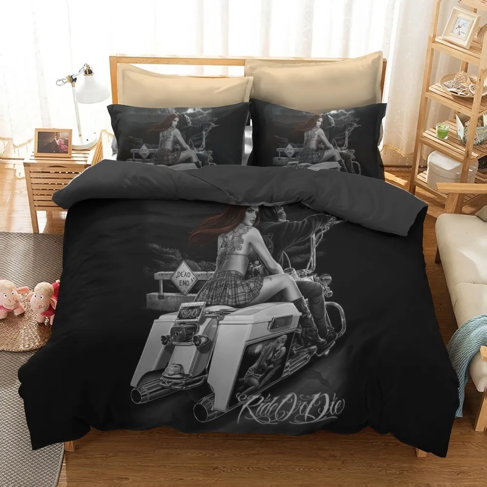 3d feminino e crânio conjuntos de cama açúcar crânio e motocicleta capa edredão cama legal crânio impressão preto roupa cama y200417273l