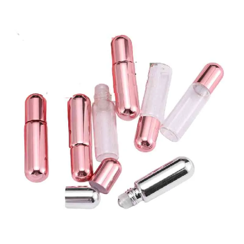 Rouleau de rouleau en acier inoxydable en acier inoxydable en acier inoxydable en verre rose de 5 ml rose rose rose sur une bouteille ronde vidage de parfum argenté de parfum essentiel du flacon 