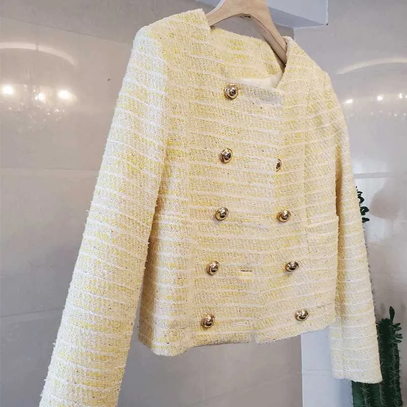 Runway Vintage Stilig Gyllene Dubbelbröst Frayed Tweed Jacket Coat Kvinnors Damer Ytterkläder Casual Casaco Femme 210529