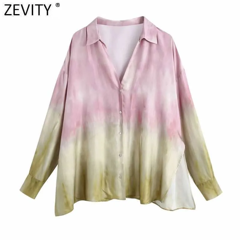 Zeefity vrouwen vintage multi kleur stropdas geverfd print casual losse breasted shirts vrouwelijke kimono blouse roupas chic Smock tops LS9042 210603