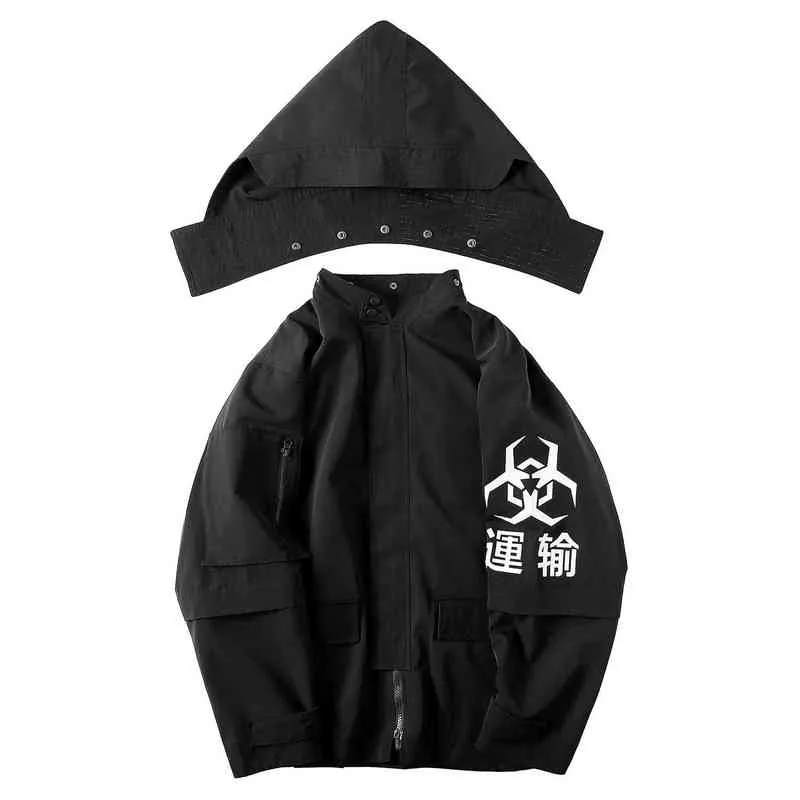 Erkekler Techwear Ceket Siyah Kanji Rüzgarlık Japon Streetwear Moda Kapüşonlu Coat 211217