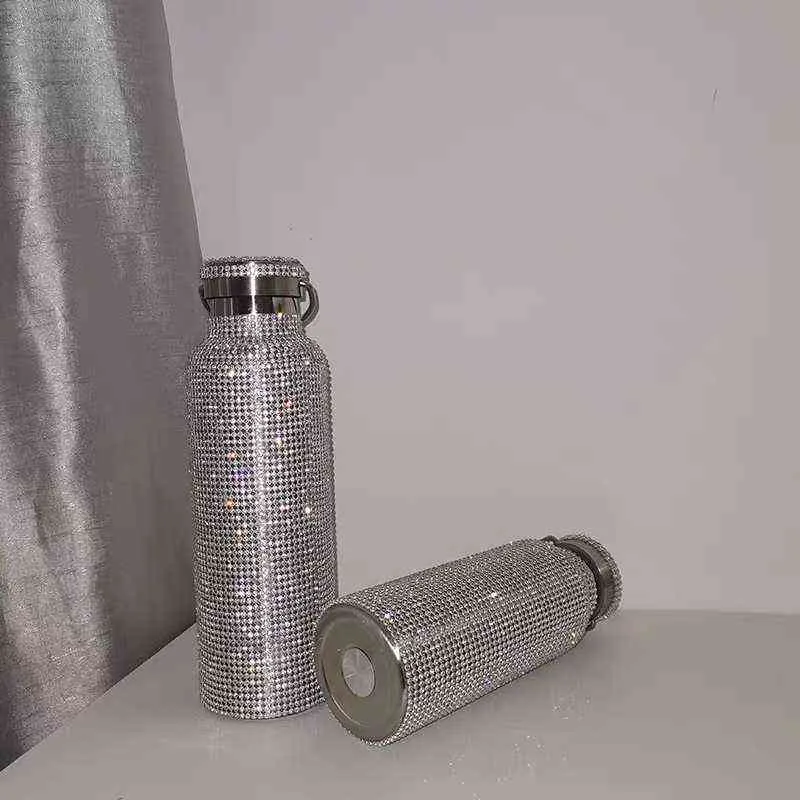 funkelnde High-End-Isolierflasche Bling Edelstahl-Thermoflasche Diamond Thermo Silver Wasserflasche mit Deckel 2201082660