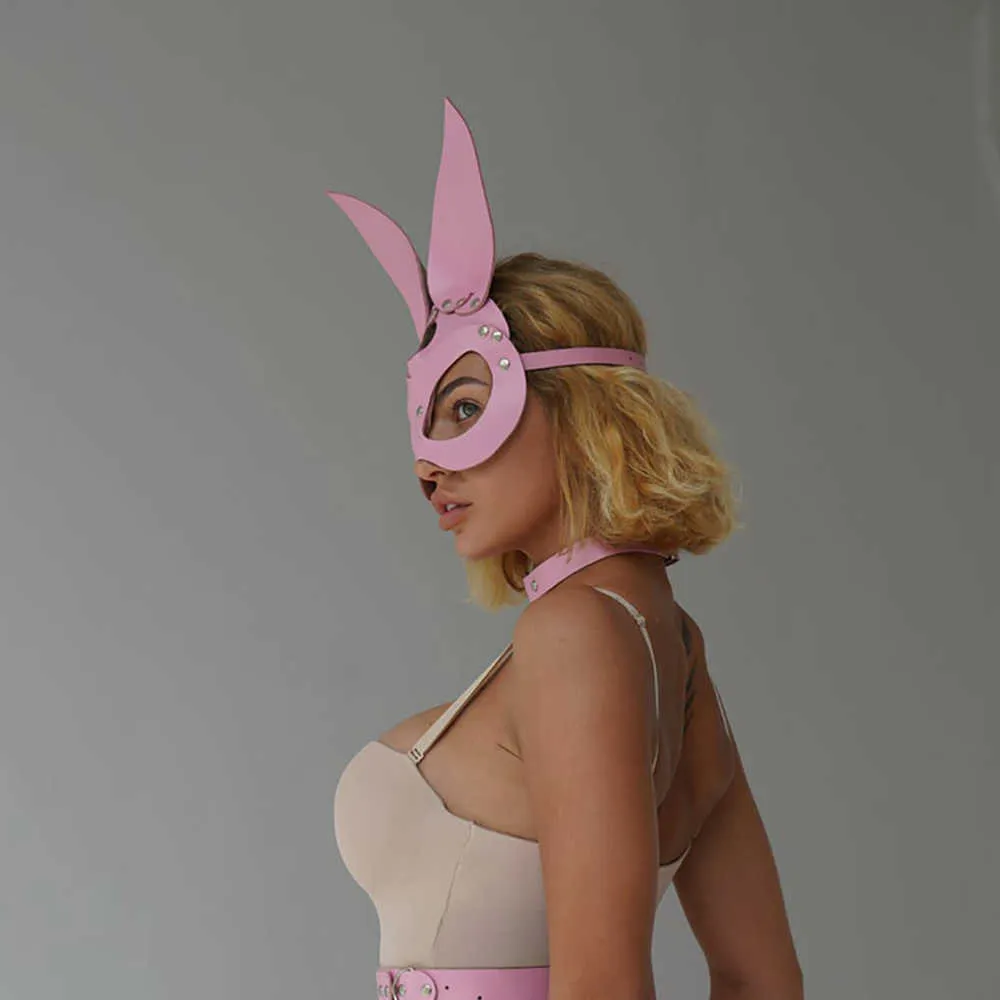 Sexy Cosplay Pink Bunny Leder Maske BDSM Erwachsene Games Festival Rave Halloween Quastenmasken Frauen Masquerade Karneval Party Maske Q02108022