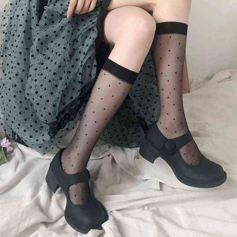 여성 섹시한 폴카 도트 인쇄 스타킹 무릎 높은 양말 부드러운 나일론 탄성 Fishnet 소녀 로리타 귀여운 패션 긴 다리 양말 검은 Y1119