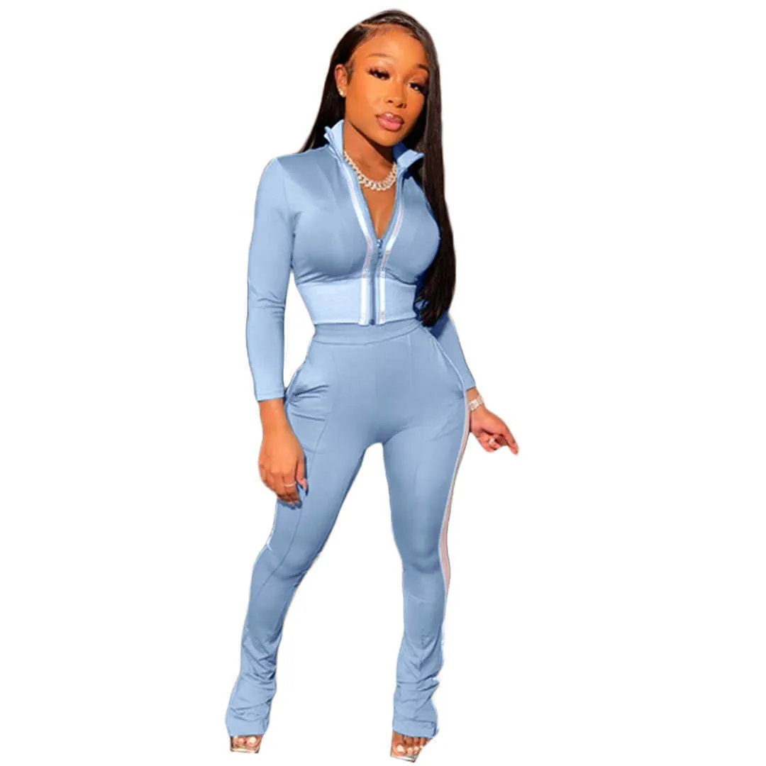 Womens Two Piece Set Designer Tracksuit Strip Zipper Jacket Long Sleeve Pants Sets Outfits Bodycon Sports Outfits 877-2