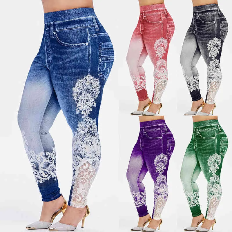 5XL Plus Size Leggings Women Denim Printing Yoga Pants Fitness Leggings Running Gym Stretch Sports Pants High-waist Trousers H1221