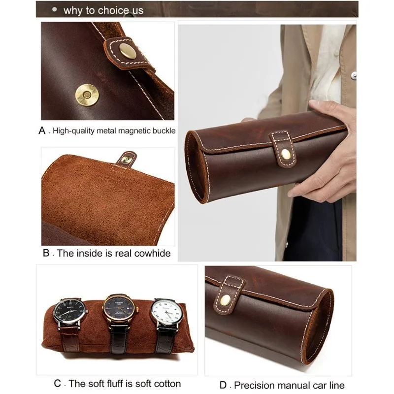 Watch Boxes & Cases Travel Case Roll Organizer Vintage Exquisite Round Shape Leather Storage Bag Unique Gifts For Father Husband L277c
