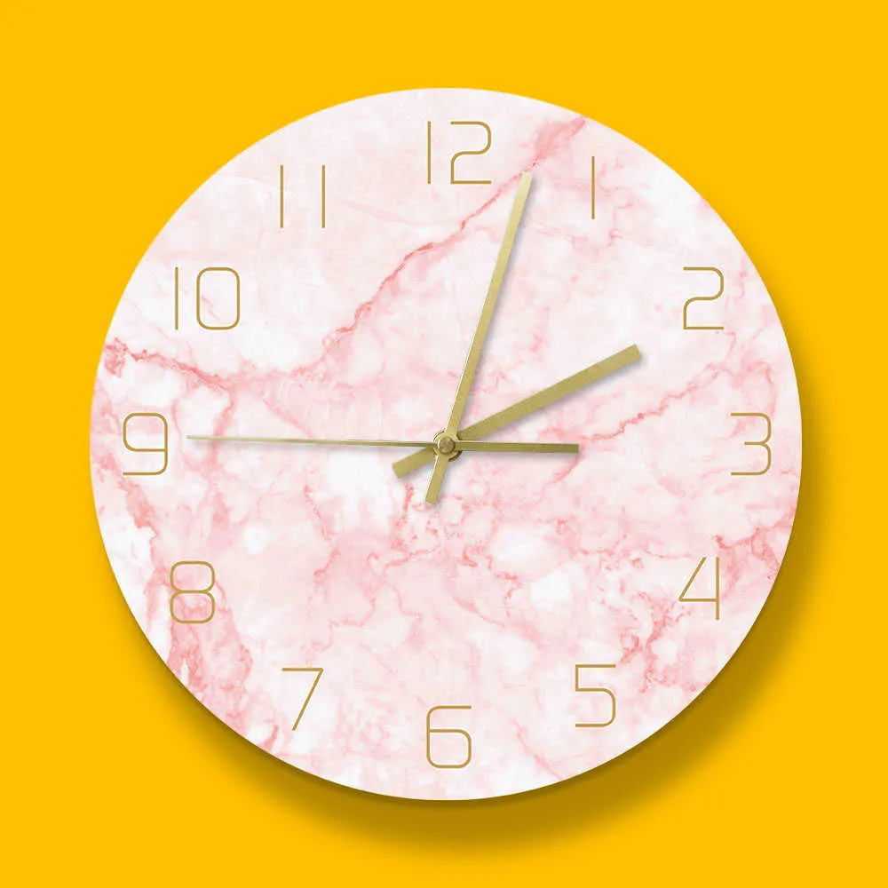 Horloge murale ronde en marbre rose naturel, silencieuse, sans tic-tac, décoration de salon, Art nordique, horloge murale minimaliste, montre murale silencieuse 2269P