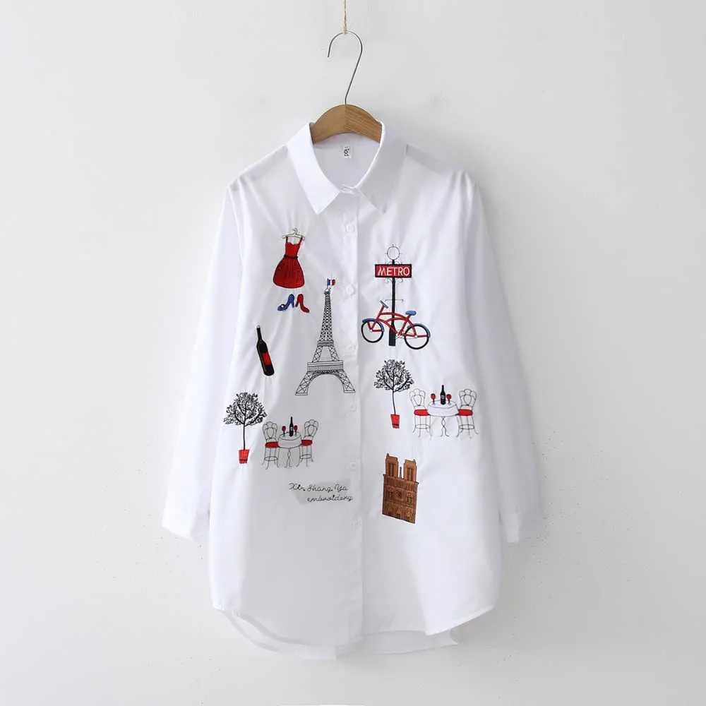 White Shirt Casual Wear Button Up Turn Down Collar Long Sleeve Cotton Blouse Embroidery Feminina T8D427M 210721