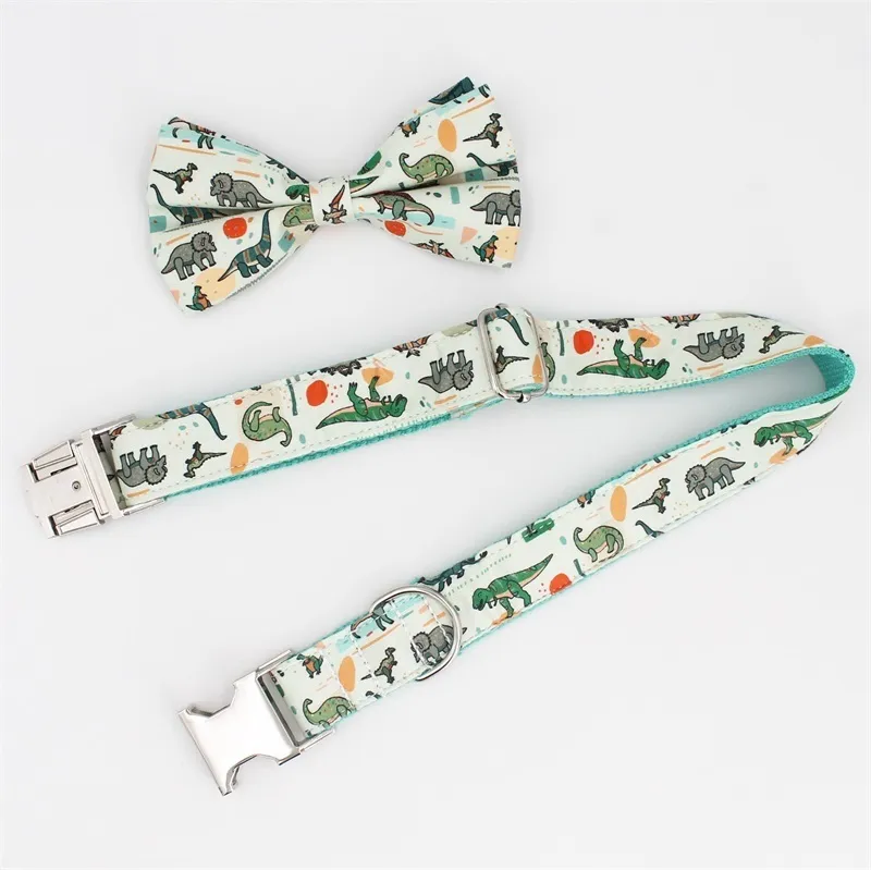dinosaur leash set with bow tie for big and small dog cotton fabric collar rose gold metal buckle Y2005151465634