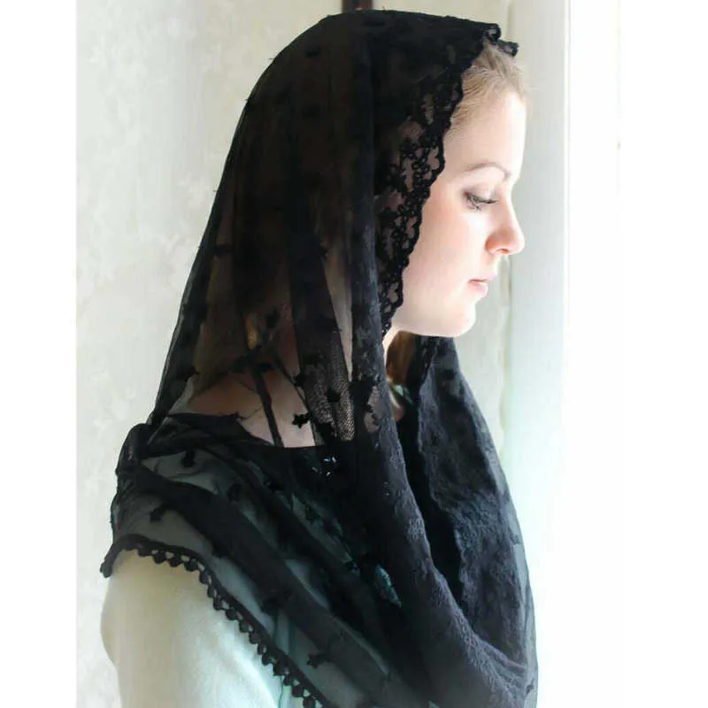 Ivoor kanten mantilla sluier voor kerk ronde sjaal wrap moslim bruids sluier hoofd bedekken van korte ene laag X0726
