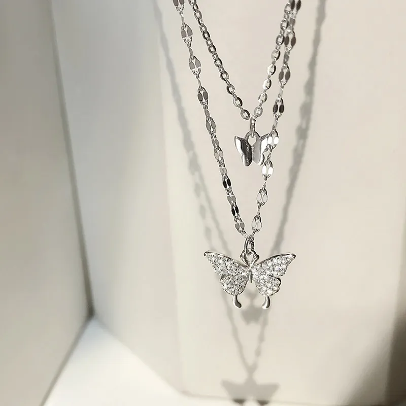 Collana girocollo con pendente a forma di farfalla a doppio strato color argento con catena a O, regalo di nozze gioielli da donna