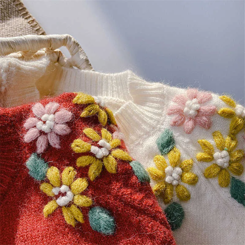 Koreaanse stijl mode meisjes borduurwerk bloem gebreide cardigan lente herfst kinderen casual truien jassen 210615