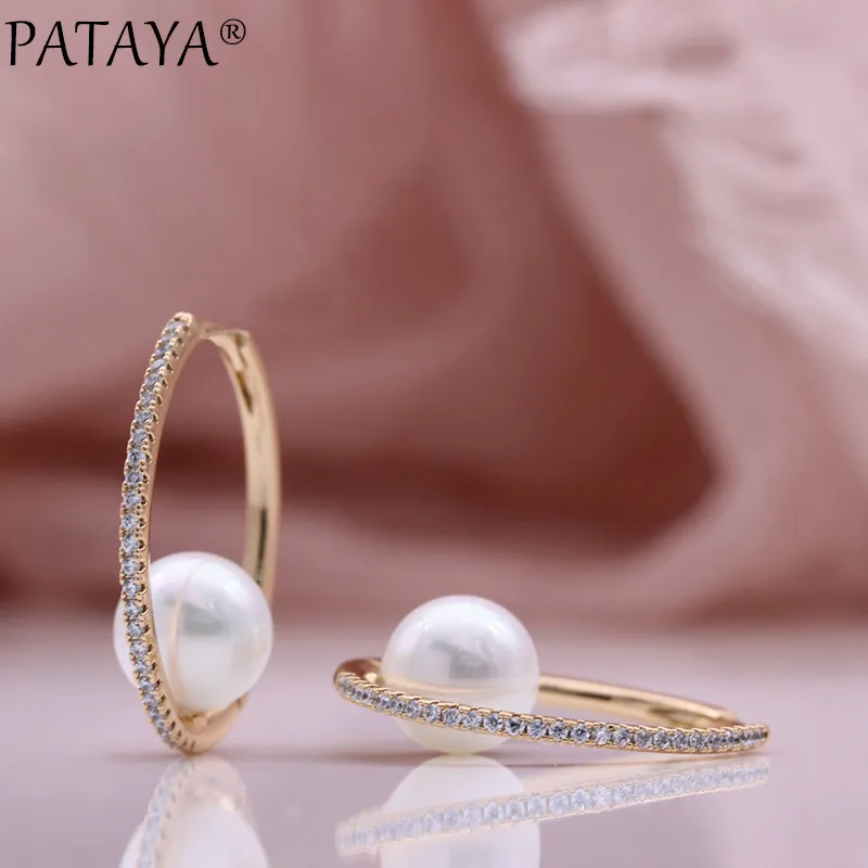 PATAYA Intarsio Conchiglia Perla Iperbole Orecchini pendenti 585 Oro rosa Donna Gioielli moda matrimonio Fine Zircone naturale Grande orecchino