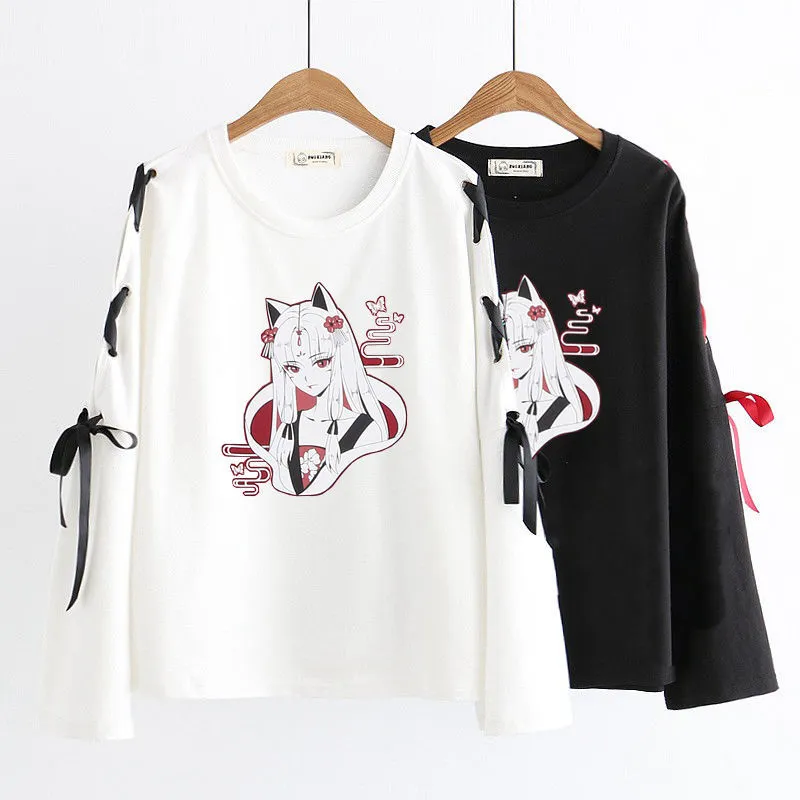 Neploe Automne Japonais À Manches Longues T-shirt Dessin Animé Imprimé T-shirt Harajuku Croix Bowknot Bandage T-Shirts Blanc Noir Tops 210317