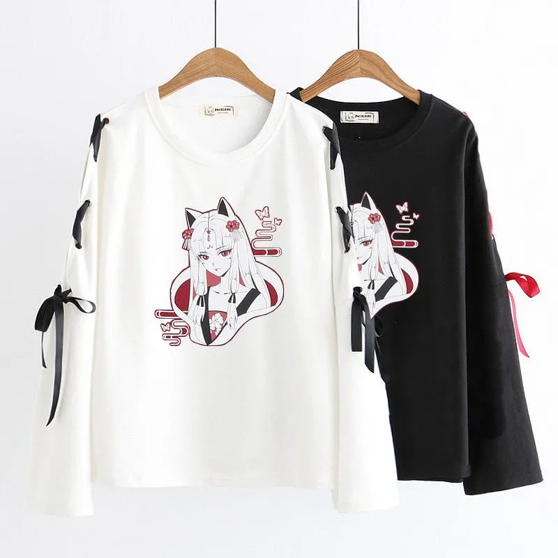 Neploe Jesień Japoński Z Długim Rękawem T Shirt Cartoon Drukowane Tshirt Harajuku Cross Bowknot Bandaż Koszulki Białe Czarne Topy 210317