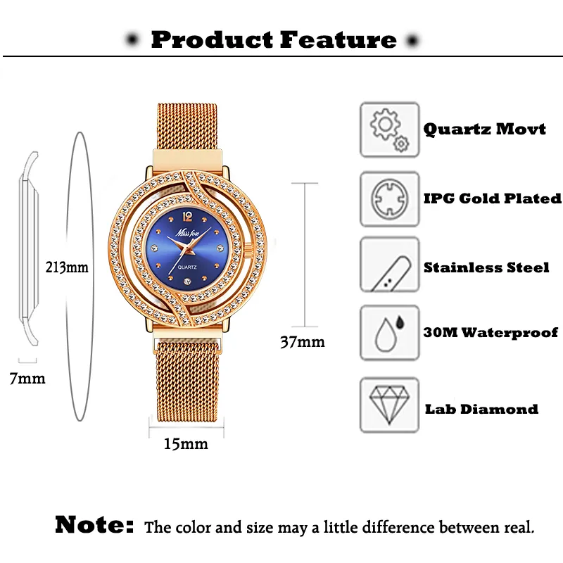 Simpatici orologi MISSFOX in oro rosa con cinturino magnetico in maglia d'acciaio impermeabile con diamanti scheletrati blu orologio al quarzo da donna alla moda casual