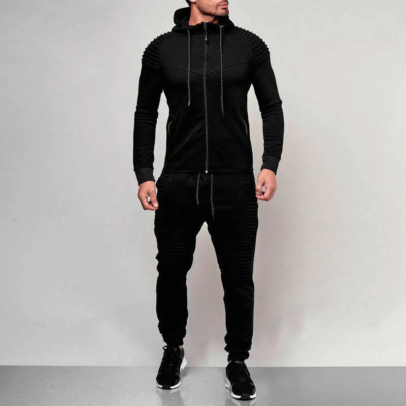 Set Men Fashion Tracksuit Zipper Running Hoodies Sweat Suits Men's Drawstring Pullover Outfit Workout Streetwear X0610