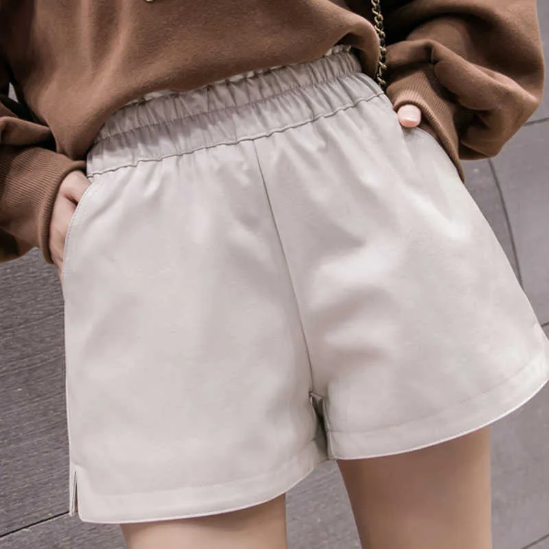 DEAT automne femmes Style mode ample a-ligne bureau dame jambe large taille haute en cuir Shorts RC615 210709