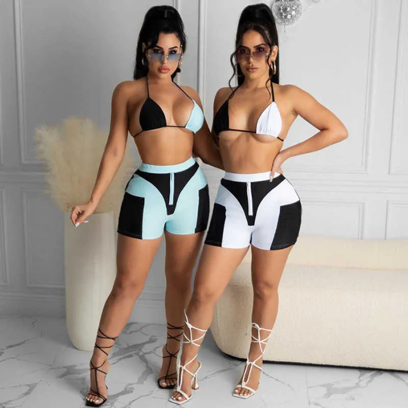 Set Sexy Fashion Women Contrast Color Halter Bra High Waist Short Pants Casual Party Club Streetwear Spring 210604
