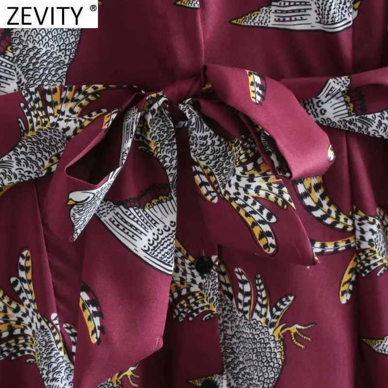 Zevity Women Fashion Animal Print Bow Tied Sashes Shirt Dress Office Ladies Turn Down Collar Vestidos Casual Midi Dresses DS4784 210603