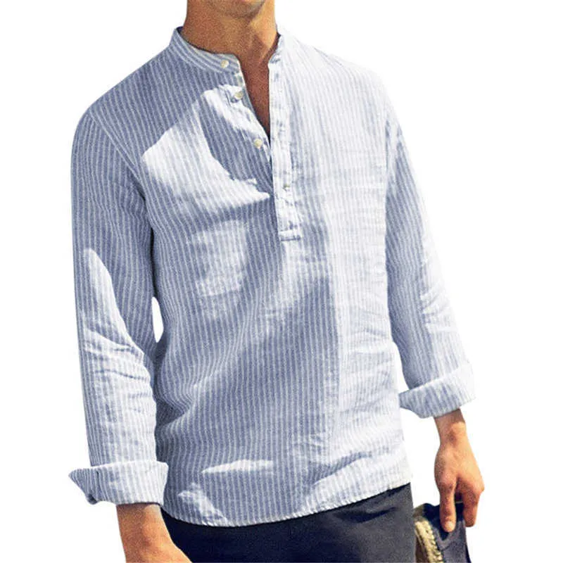 SIPERLARI Moda Primavera Estate Casual Camicia da uomo in cotone a maniche lunghe a righe Slim Fit Colletto alla coreana Camicia maschile Abbigliamento S-5XL 210628