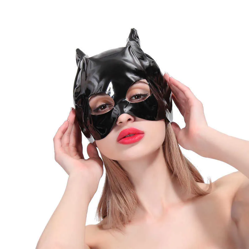 Maschera la testa di gatto in pelle sexy, maschera il viso con cappuccio gatto fetish BDSM Gioco di ruolo animali domestici Maschera feste Testa di schiavo Bondage Giocattoli del sesso le donne Q0818