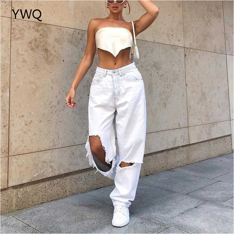 Mid Walii Boyfriend Moda Luźne Zniszczone Damskie Klasyczne Dziura Baggy Dżinsy White Damskie Spodnie Vintage Szerokie Dżinsy Noga Spodnie 210616