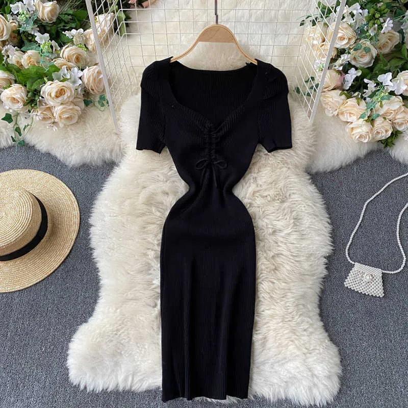 Women Knitted Pencil Dress Design Drawstring V Neck Short Sleeve Slim Dresses Summer Korean Streetwear Short Dress 210715