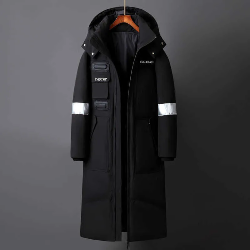 Winter Men Long White Duck Down Jackets Hooded Fashion Thicken Warm Overcoats Loose Down Coats Man Parkas Black Red White 211023