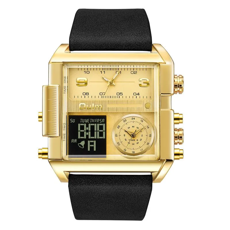 Наручные часы Oulm, светодиодные цифровые часы с большим циферблатом, мужские кварцевые часы с тремя часовыми поясами, двойной дисплей, мужские спортивные кожаные наручные часы169Z