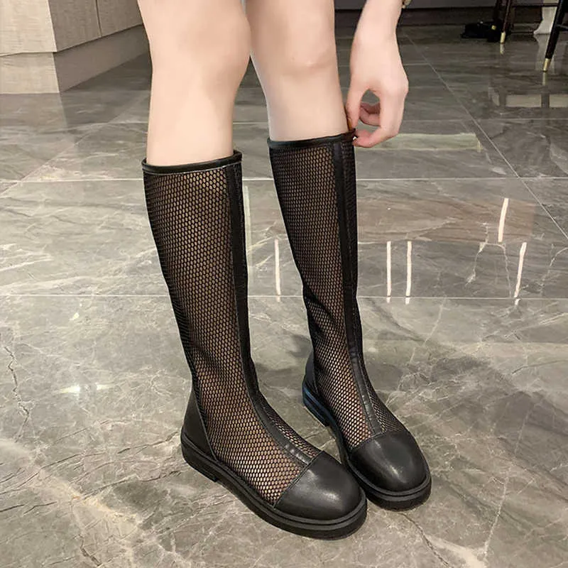 2021 printemps et été nouveau talon carré bottes à talons hauts respirant tressé sexy mode maille genou longueur bottes Y0914